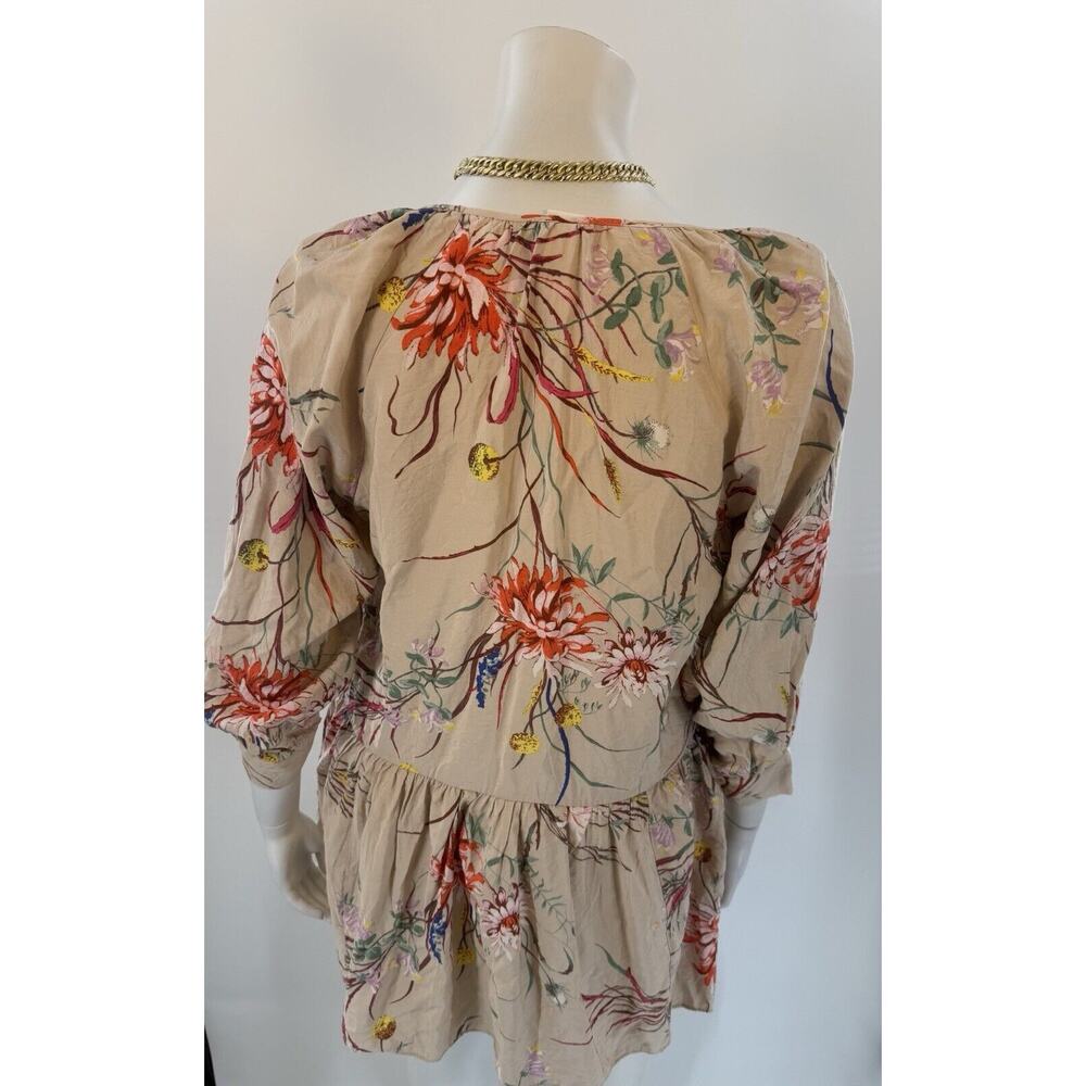H&M Euc Size Small Women’s Beige Floral Ruffle Chiffon Long Sleeve Blouse - Picture 3 of 5